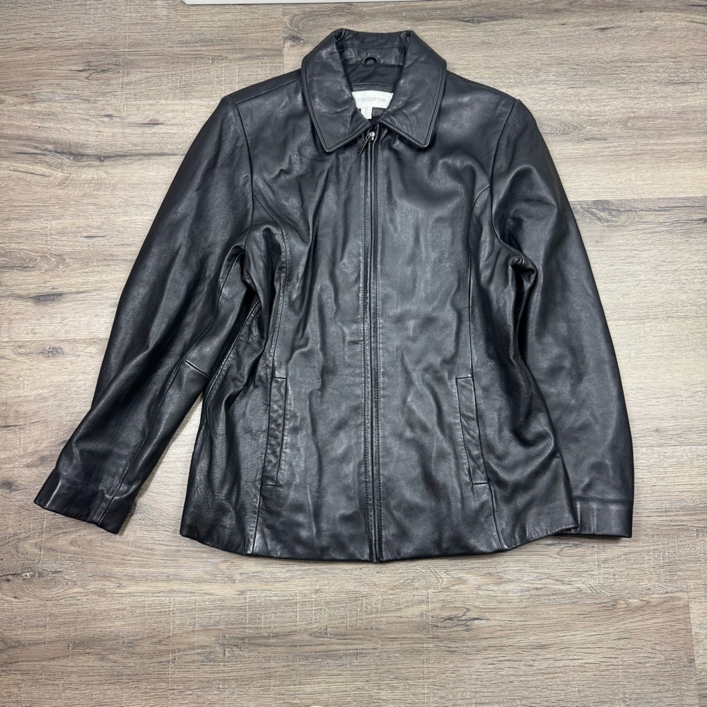 Liz Claiborne Leather Jacket Black Large Vintage Moto Zip Up Pockets Y2K 90s